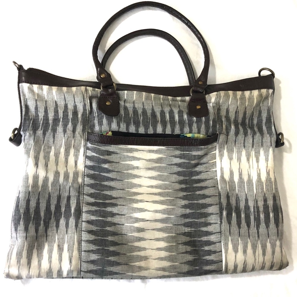 Noonday Collection Gray and White Ikat Tote with Dark Brown Handles